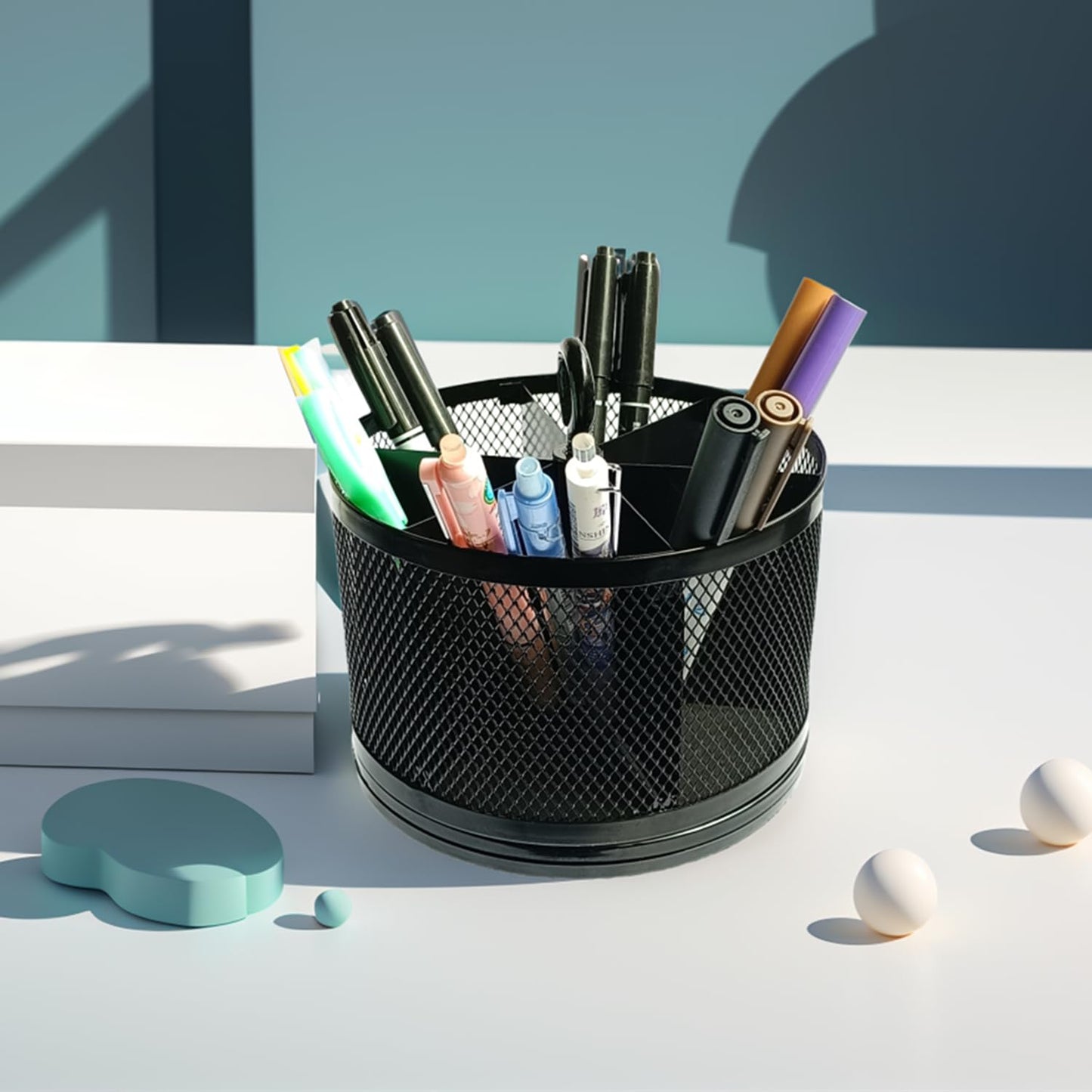 SETTFRFE Rotating Pen Holder for Desk,6-Compartment Metal Pen Container with Handle, Multi-Functional Desk Organizer for Office Supplies, Art Tools &Makeup Brushes, Black (Metal Mesh Style)