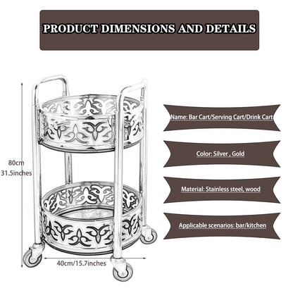 FGQuelleBM 2-Tier Serving Cart with Ornate Cut-Out Design, Mobile Beverage Cart Features Dual Handles, Crafted from Stainless Steel and Wood(Gold)