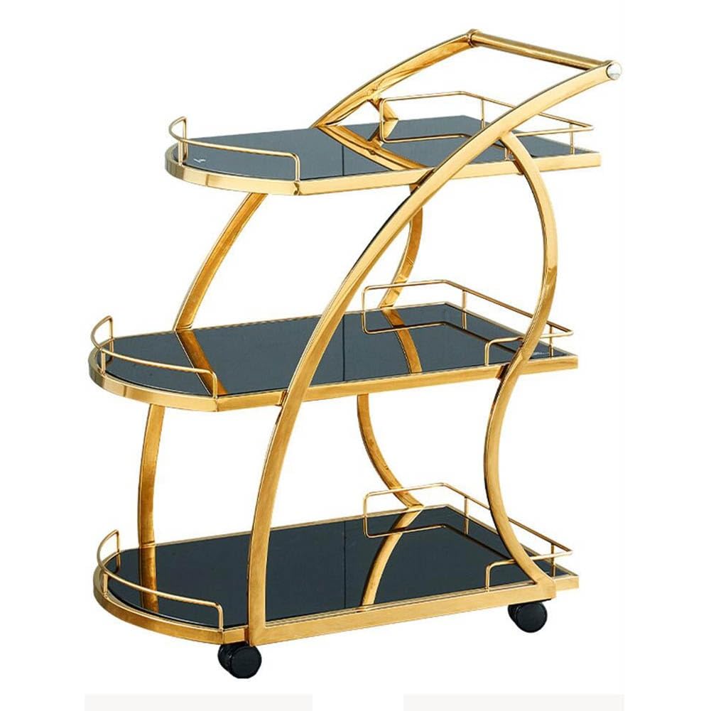 XYWGBMS Storage Cart Wrought Iron Trolley, Hotel Service Car, Restaurant/Bar Dedicated 3-Layer Trolley Tempered Glass Panel Wine Cart, Hot Pot, Storage Cart,Gold-a