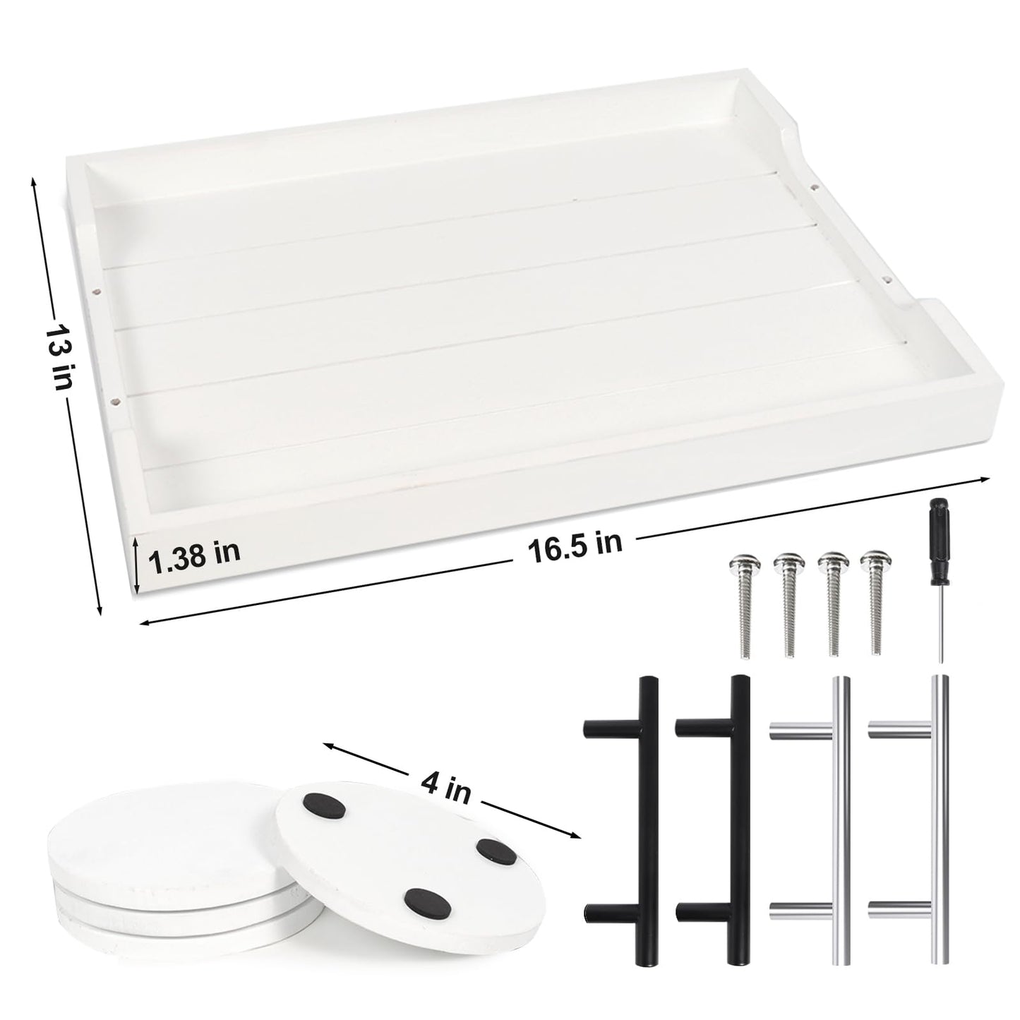 SXNOWS Coffee Table Tray - Large Ottoman Tray for Living Room - Wood Serving Tray with 2 Sets of Handles - Wooden Tray for Coffee Table, 4 Round Coasters Included, White