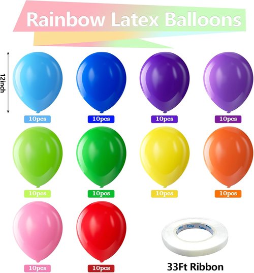 Bezente Rainbow Latex Balloons - 100 Pack Assorted Colors with Electric Balloon Pump