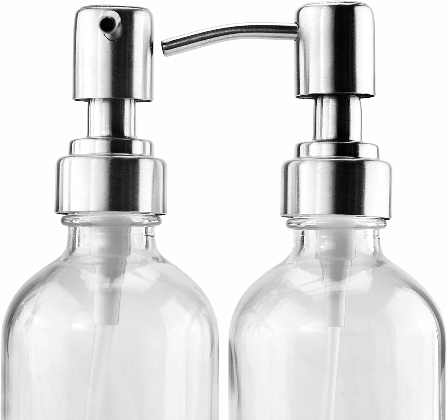Cornucopia Brands 8-Ounce Clear Glass Boston Round Bottles w/Stainless Steel Lotion Pumps (4-Pack); Empty Refillable Liquid Soap & Lotion Bottles