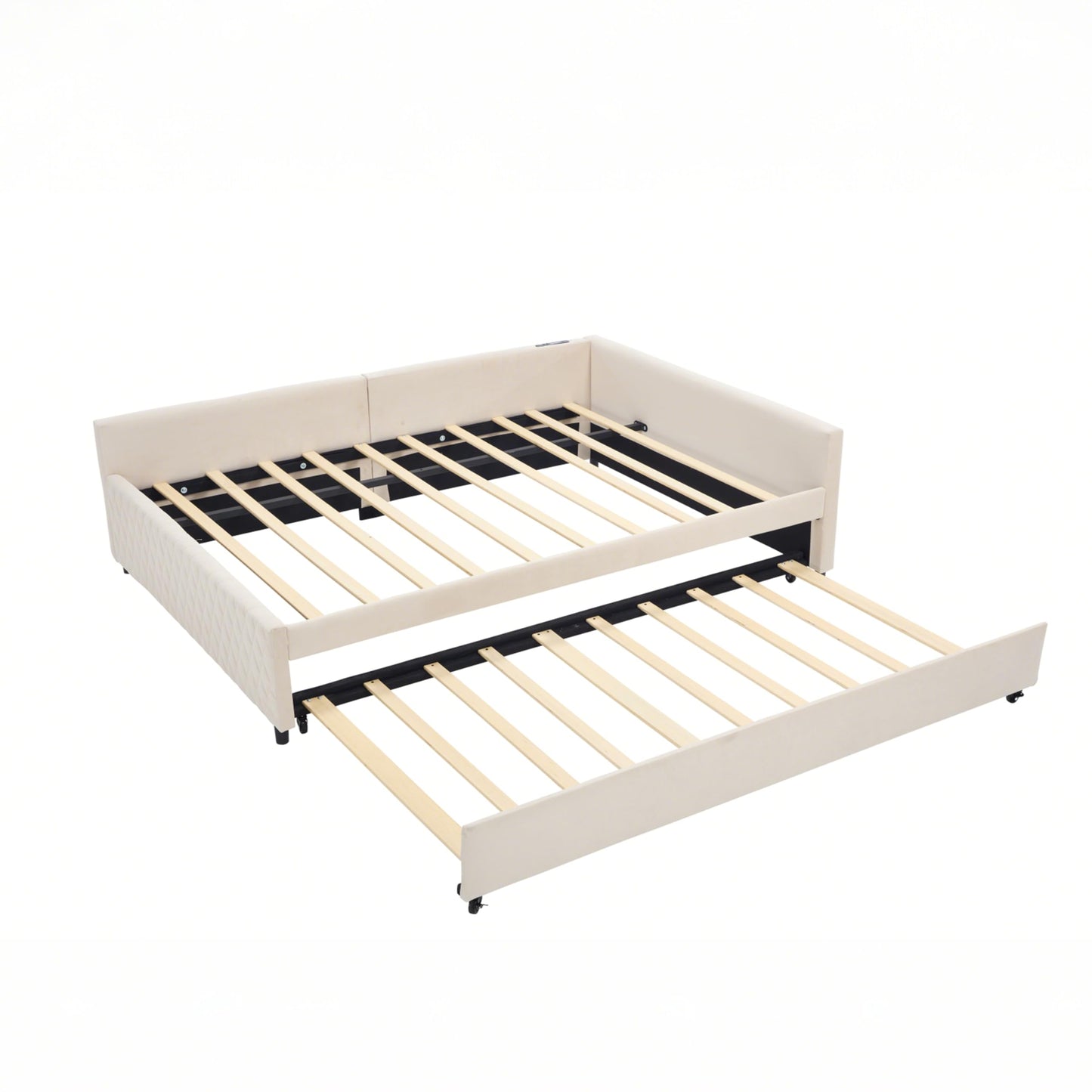 DNYN L-Shaped Corner Daybed with Pull-Out Trundle and Dual USB Ports for Bedroom/Guest Room, Velvet Bed Frame w/Wooden Slats Support and LED, Space-Saving & No Box Spring Needed, Beige