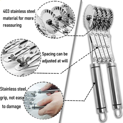 MTOMDY 5-Wheel Pastry Knife,Spaghetti And Noodle Slicer, Stainless Steel Fluted Pasta Crimping Wheel Dough Crimper Cutter Roller Ravioli Maker Tool for Pizza Noodle Cracker(with handle)
