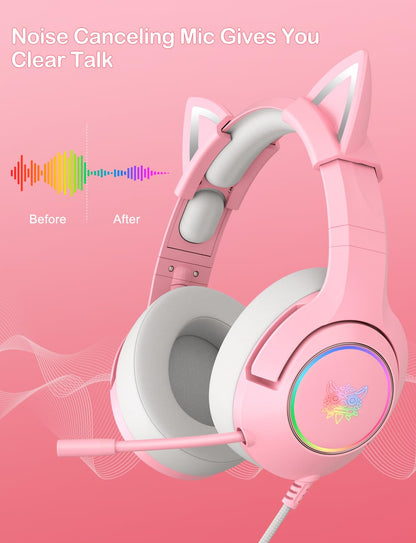 PHNIXGAM Cat Ear Gaming Cute Headset, Wired Over-Ear Headphones with Retractable Microphone, Surround Sound, LED Backlight for PS4, PS5, PC, Mobile Phone (Light Pink)