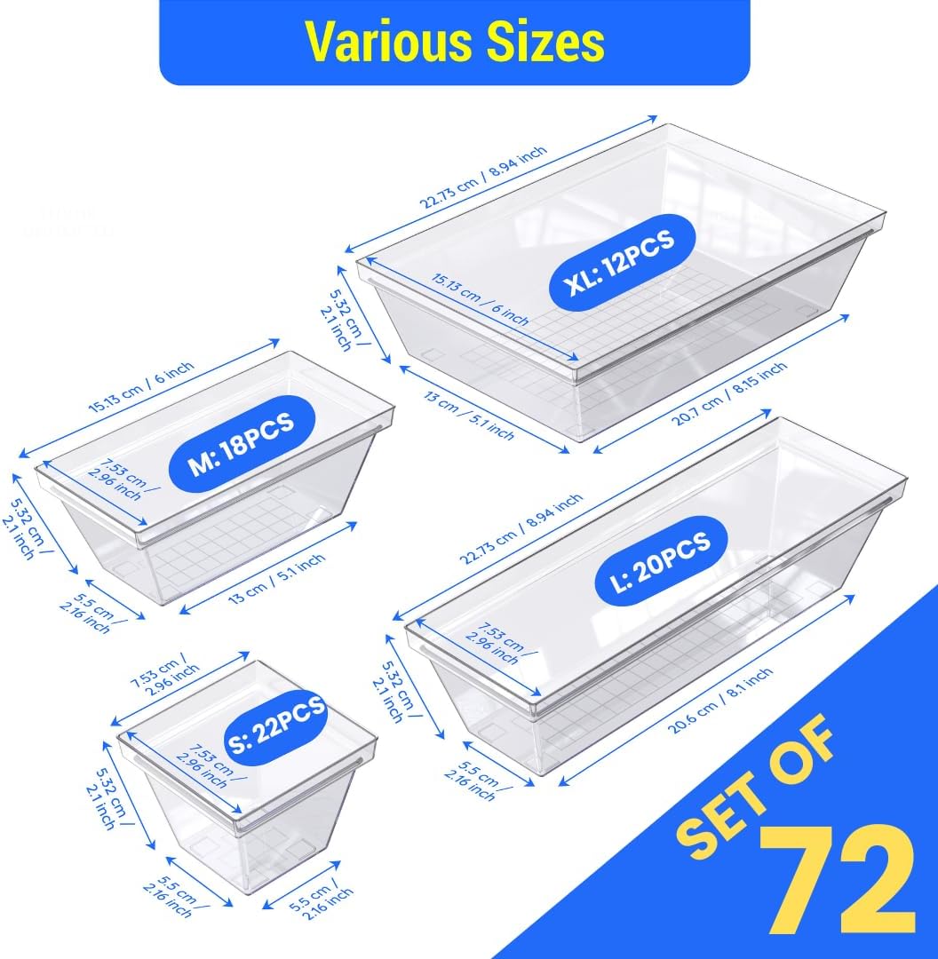 YAN & HIN Set of 72 Stackable Non-Slip Acrylic Organizers for Makeup Tray, Kitchen Drawer, Desk Drawer Organizer