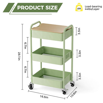 johgee 3 Tier Rolling Cart with Table top, Metal Rolling Utility Cart, Sturdy Storage Organizer Cart with Locking Wheels & Hooks for Office, Classroom, Kitchen and Bathroom