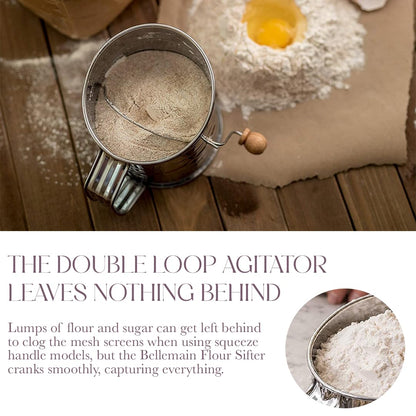 Bellemain 5 Cup Flour Sifter for Baking Fine Mesh Rotary Hand Crank with Loop Agitator for Quick Sifting, Flour Sifter Stainlees Steel