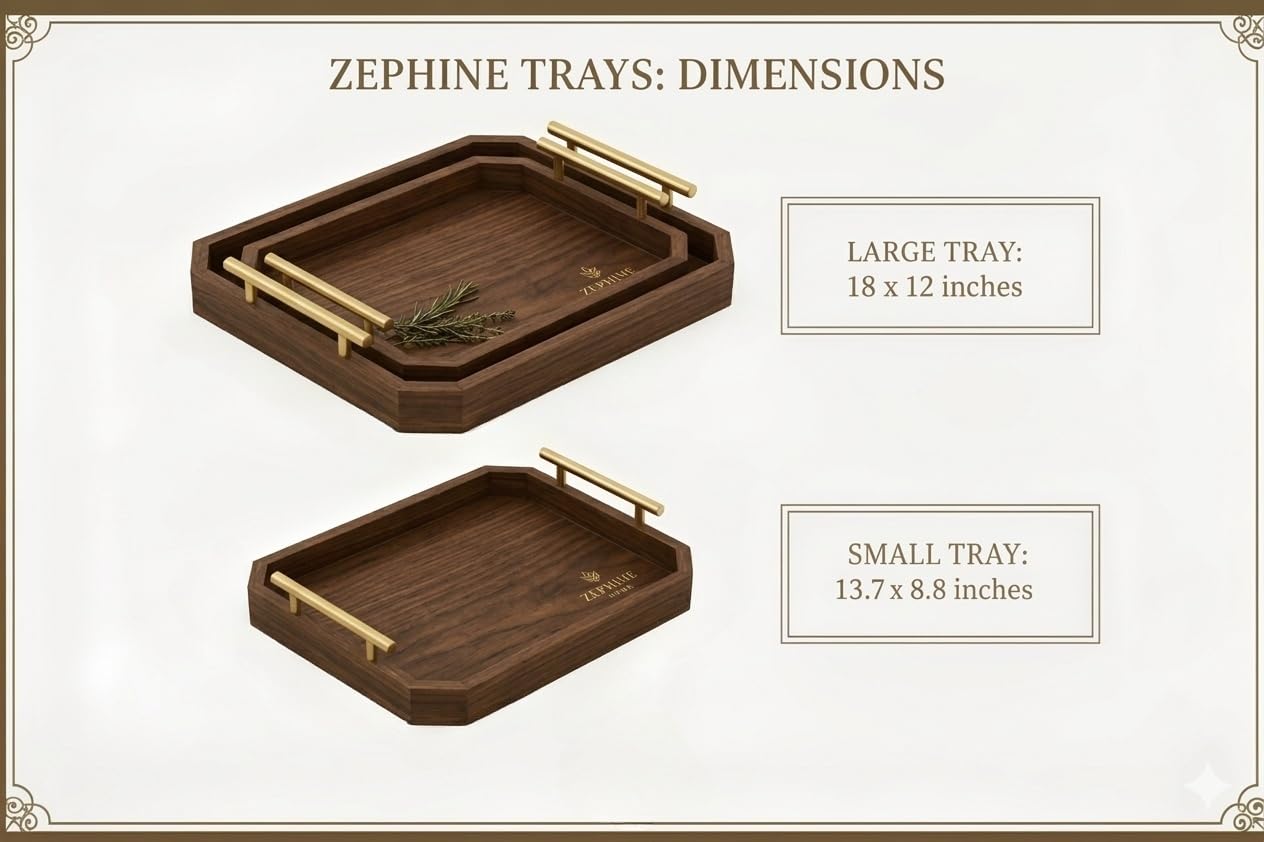 ZEPHINE HOME Luxury Decorative Wooden Serving Trays, Dark Brown Hexagonal Design with Gold Handles, 18x12 in/13.7x8.8 in, Modern Ottoman Tray Set of 2 for Coffee Table, Bar, Home Decor, Serving