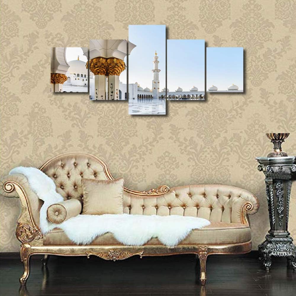 TUMOVO Kitchen Wall Art: Mosque Square Pictures, 5 Panel Canvas Artwork, Wooden Islamic Religious Shrine Decor