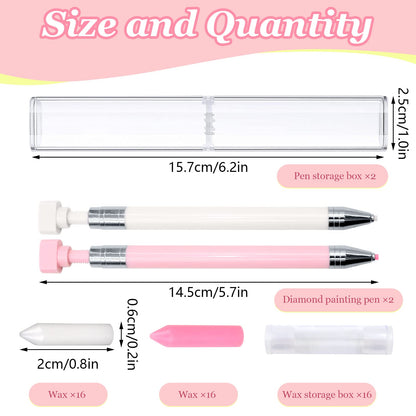 ZYNERY 34 Pcs Diamond Painting Pens Kit, 2 Pcs Refillable Wax Pen with 32 Pcs Wax, Rotating Glue Point Drill Pen for Nail Art, Diamond Art Accessories and Tools, Quickly Pick Up Beads Gem (Pink&White)