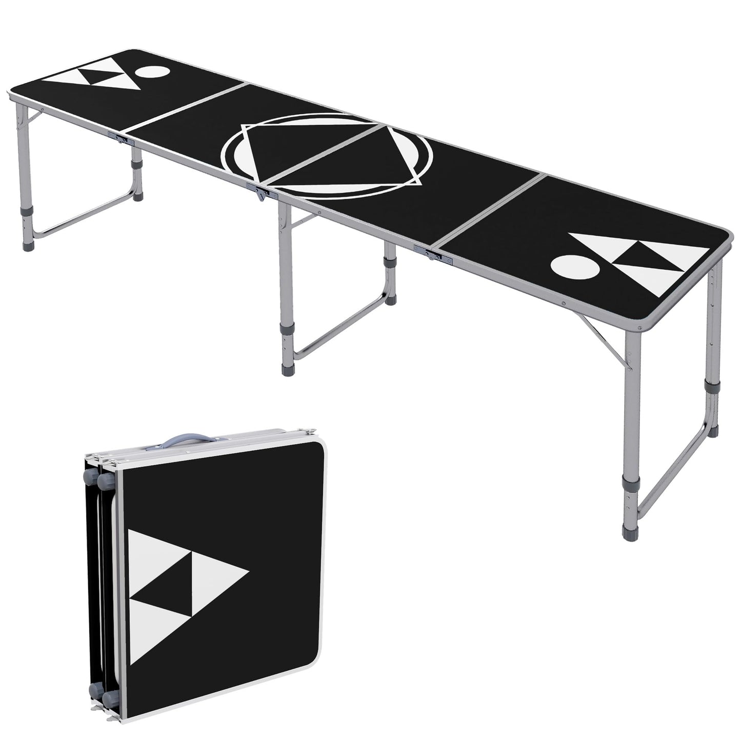 8ft Portable Beer Pong Table with Adjustable Legs, Folding Camping Table, Aluminum Picnic Table, for Party, Travel, BBQ, Beach, Black and White