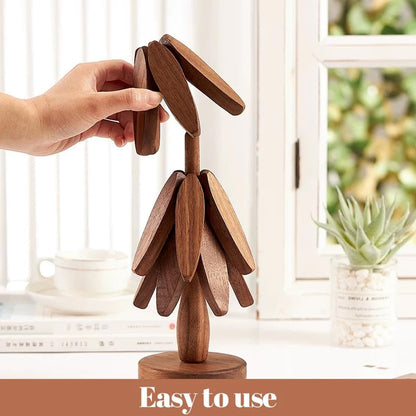 Wooden Trivets for Hot Dishes, Tree Shape Trivet Set, 5 Walnut Wood + 1 Stand stored Like a Christmas Tree,Foldable Kitchen Wooden Trivet,for Hot Dishes、Pot、Bowl、Teapot、Hot Pot Holder(Walnut Wood)