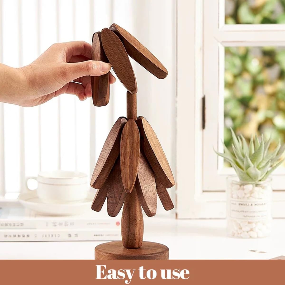 Wood Natural Tree Trivet Set, Christmas Tree Shape Trivets for Hot Dishes, 3-Piece Wooden Set with Stand for Pots, Bowls, Teapots (Dark Brown)