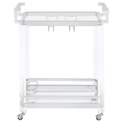 BOWERY HILL Bar Cart, Chrome Finish, Acrylic and Metal Frame with Glass Shelves, 35" H x 28.5" W x 17.25" D, Wine Bottle and Stemware Racks, Contemporary Style Serving Cart with Wheels