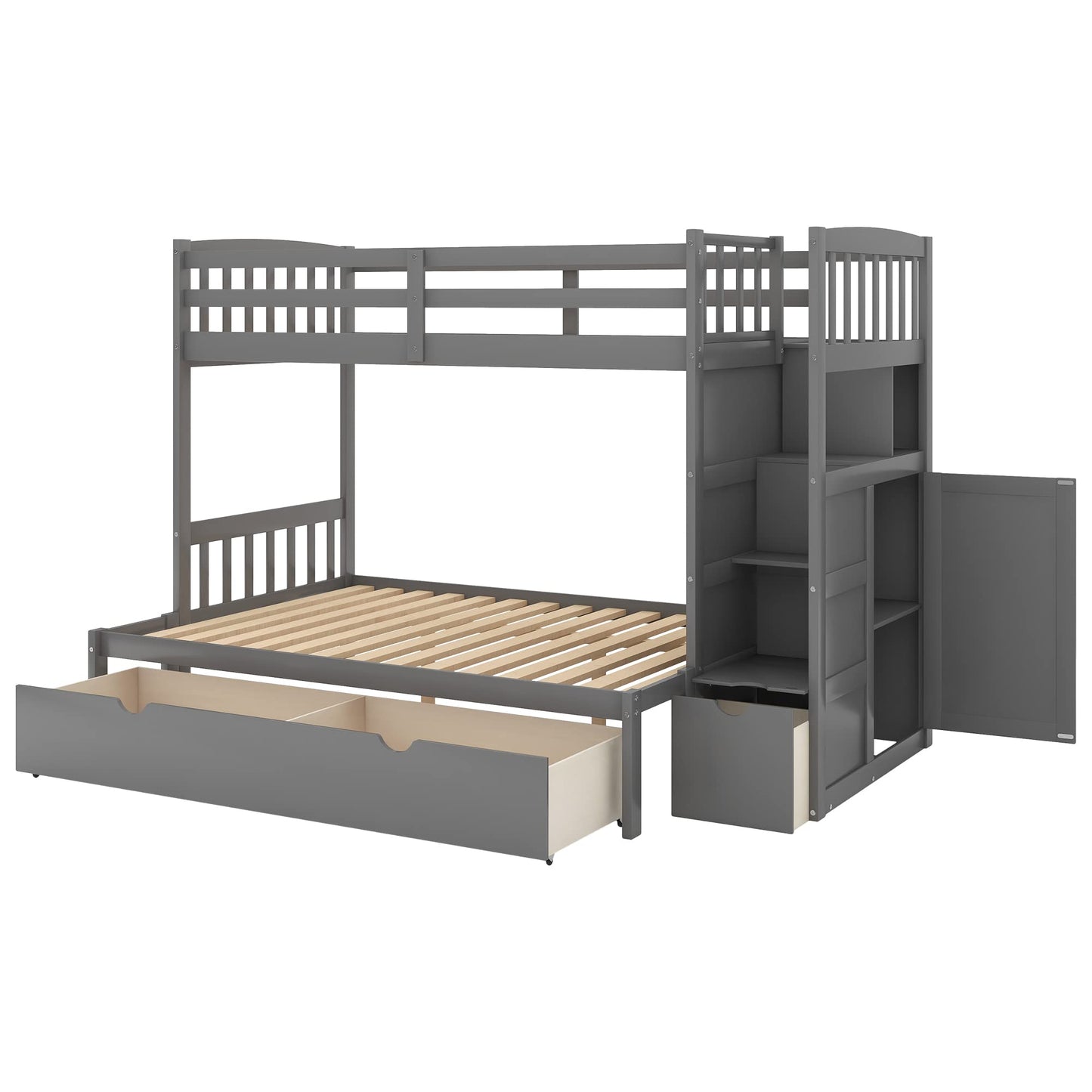Merax Twin Over Full/Twin Bunk Bed with Stairs & Storage, 3-in-1 Convertible Bottom Bed with Storage Shelves and Drawers, Bunk Bed with Guardrails for Bedroom, Gray