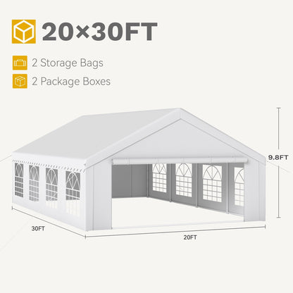 DWVO 20x30FT Heavy Duty Party PVC White Tent Wedding Event Shelters Upgraded Galvanized Ripple Canopy with Large Roof Removable Sidewalls & 2 Storage Bags