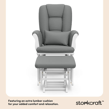 Storkcraft Tuscany Custom Glider and Ottoman with Free Lumbar Pillow (White/Grey) - Cleanable Upholstered Comfort Rocking Nursery Chair with Ottoman