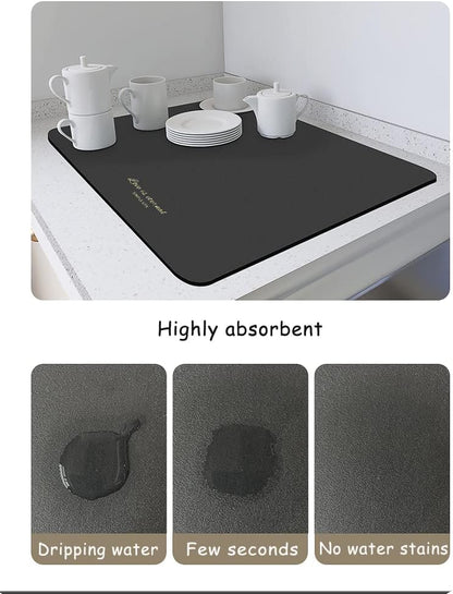 Black Coffee Bar Mat, 12x20" Rubber Backed Absorbent Dish Drying Mat for Coffee Maker, Espresso Machine, Kitchen Counter