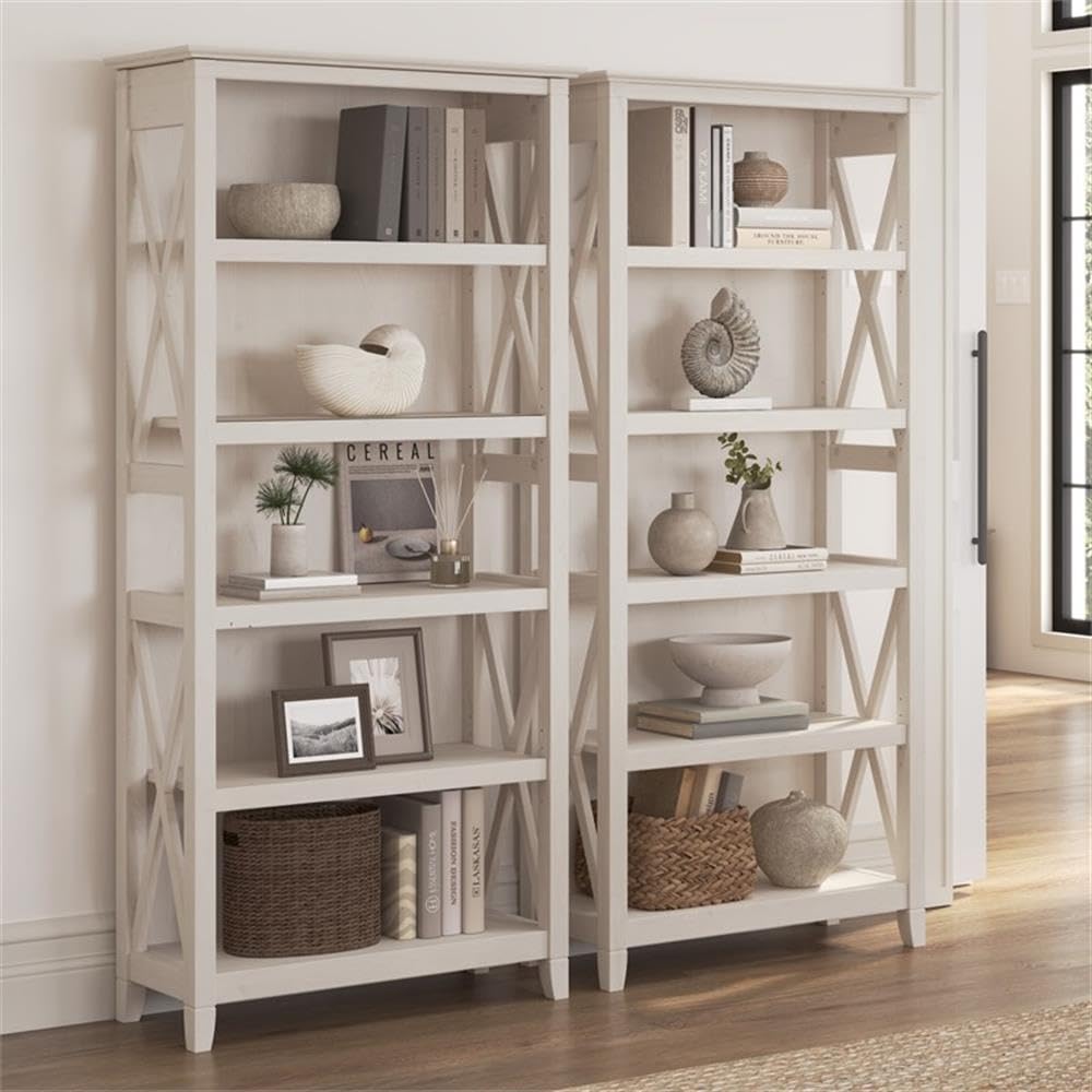 Bush Home Key West 5 Shelf Bookcase - Set of 2 | Tall Bookshelves in Linen White Oak | Sturdy Display Shelves for Library, Living Room, and Home Office