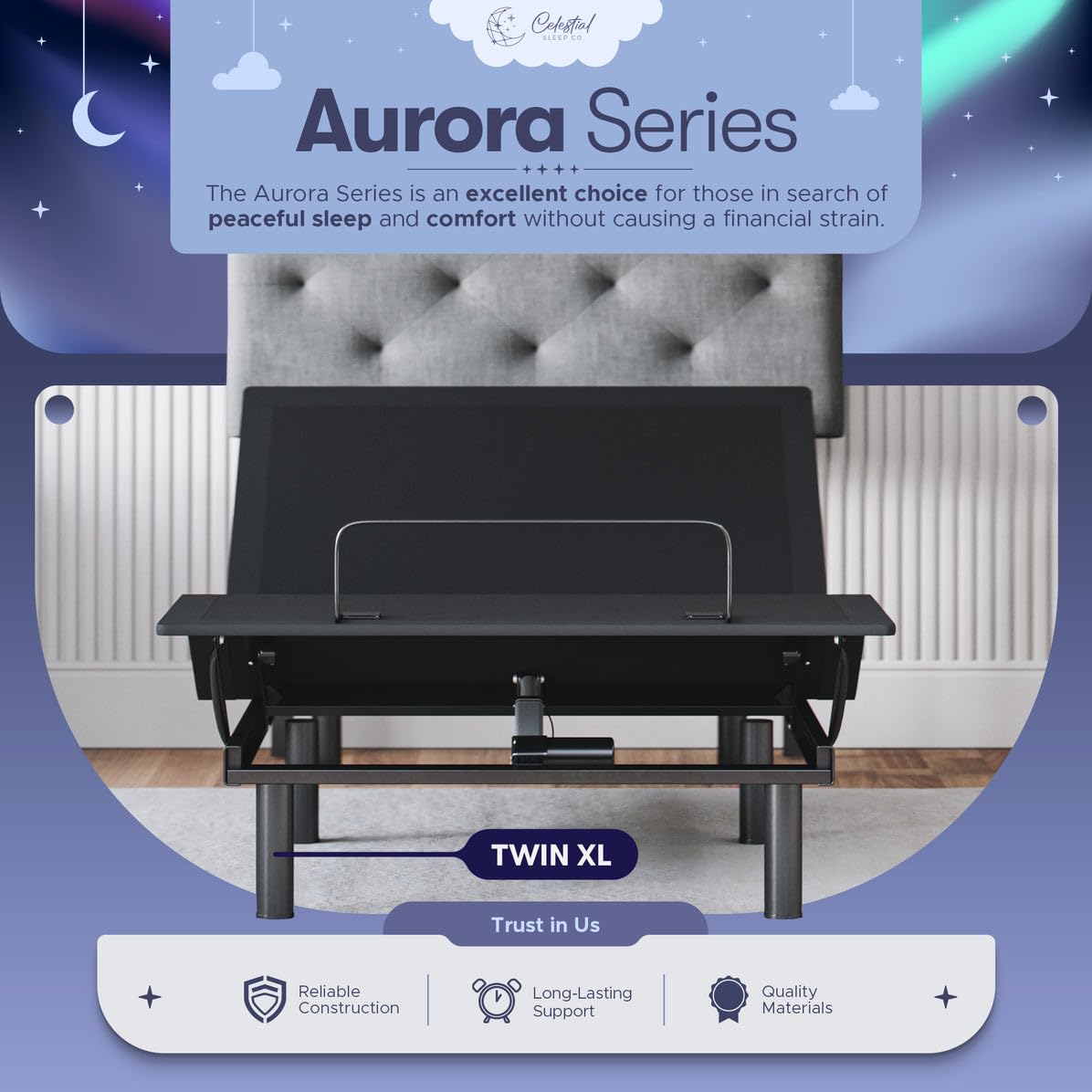 Celestial Sleep Aurora Adjustable Bed Base (Frame Only), Easy Assembly, Head and Foot Lift, Zero Gravity, Memory Positions - Twin XL