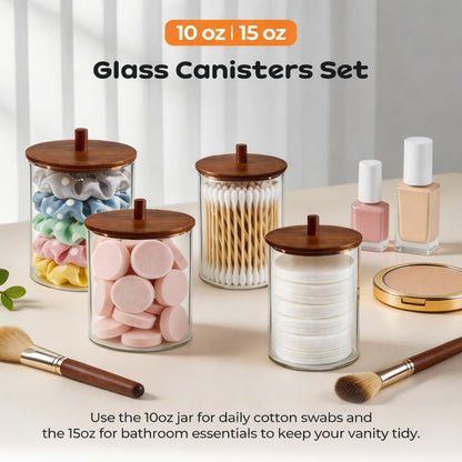 Skiennix Glass Qtip Holder Dispenser Set - 15oz & 10oz Cotton Swab Canisters with Acacia Lids | Bathroom Vanity Organizer (2 Pack)