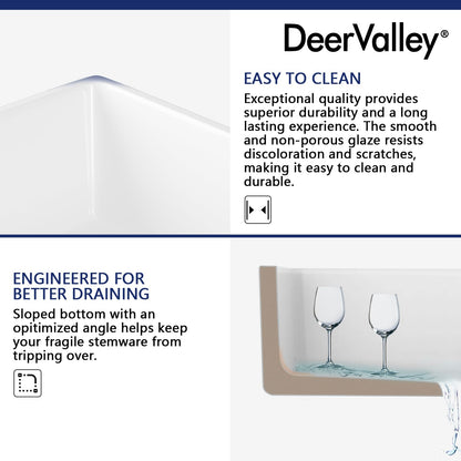 DeerValley Double Bowl White Kichen Sink 33 inch, Ceramic Apron Front Farmhouse Sink, Deep Drop-in Fireclay Undermount Large Sinks with Grid & Strainer