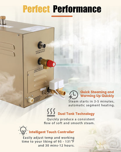 CGOLDENWALL 9KW Commercial Self-Draining Steam Generator Shower System Home Steam Bath Spa Generator 30 min to 12 Hours with Auto Drain 95-131℉ for Suitable Space Heating 9 m³/318 Cubic feet (9KW)