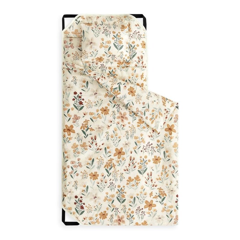 Wake In Cloud - Cot Nap Mat with Pillow and Blanket, for Toddler Kids Girls Ages 3 Plus in Daycare Kindergarten Preschool with Elastic Corner Straps, Floral Botanical Flowers, Orange Cream