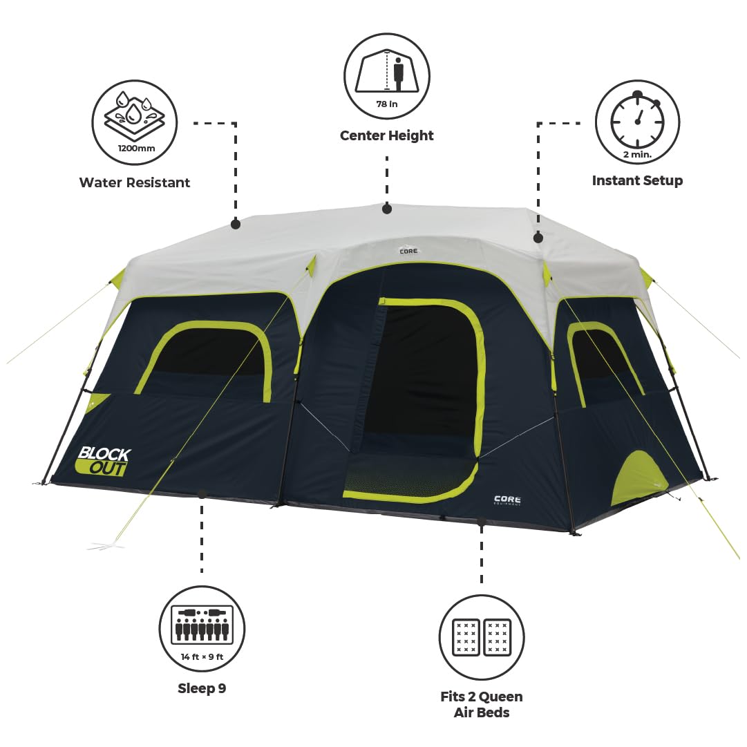 CORE Blackout 9 Person Instant Cabin Tent | Large Multi Room Family Pop Up Dark Room Tent for 2 Minute Camp Setup | Included Storage Pockets for Camping Accessories