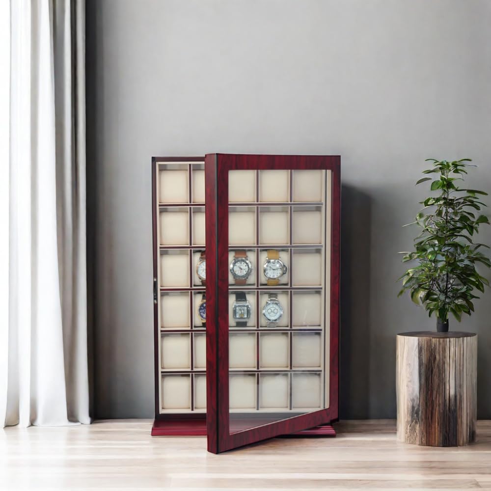 TIMELYBUYS 30 Piece Cherry Wood Watch Display Wall Hanging Case and Storage Organizer Box and Stand Father's Day