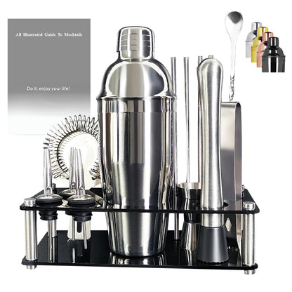 Bartender Kit, 13 Piece Cocktail Shaker Set Stainless Steel Bar Tools with Black Stand, 25 oz Shaker, Jigger, Spoon, Pourers, Muddler, Strainer, Tongs, Recipes