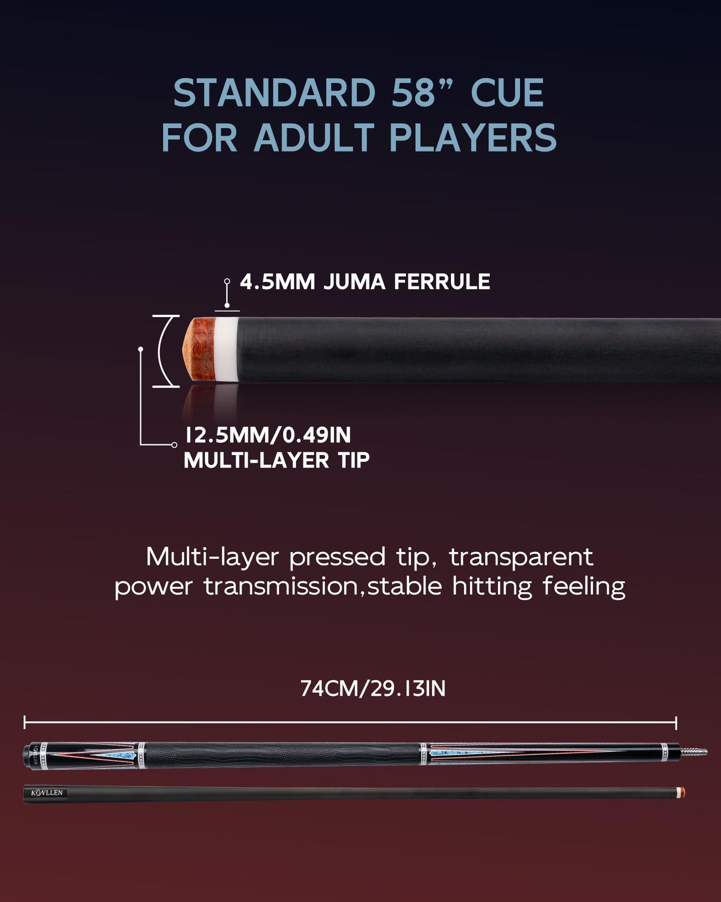 KONLLEN Carbon Fiber Pool Cue 2.0, 58-inch Low Deflection Billiard Stick for Adults with 12.5mm Tip and Pro Taper