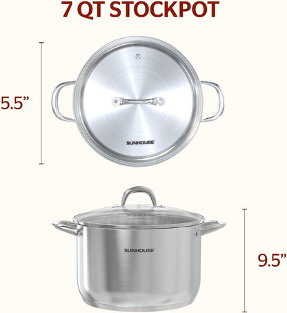 SUNHOUSE Stainless Steel Stock Pot - 7 Quart Heavy-Duty Induction Cooking Pot with Visible Lid for Pasta, Soup, Spaghetti - Nonstick Thick-Bottom Deep Stockpot for Canning, Boiling, and Simmering