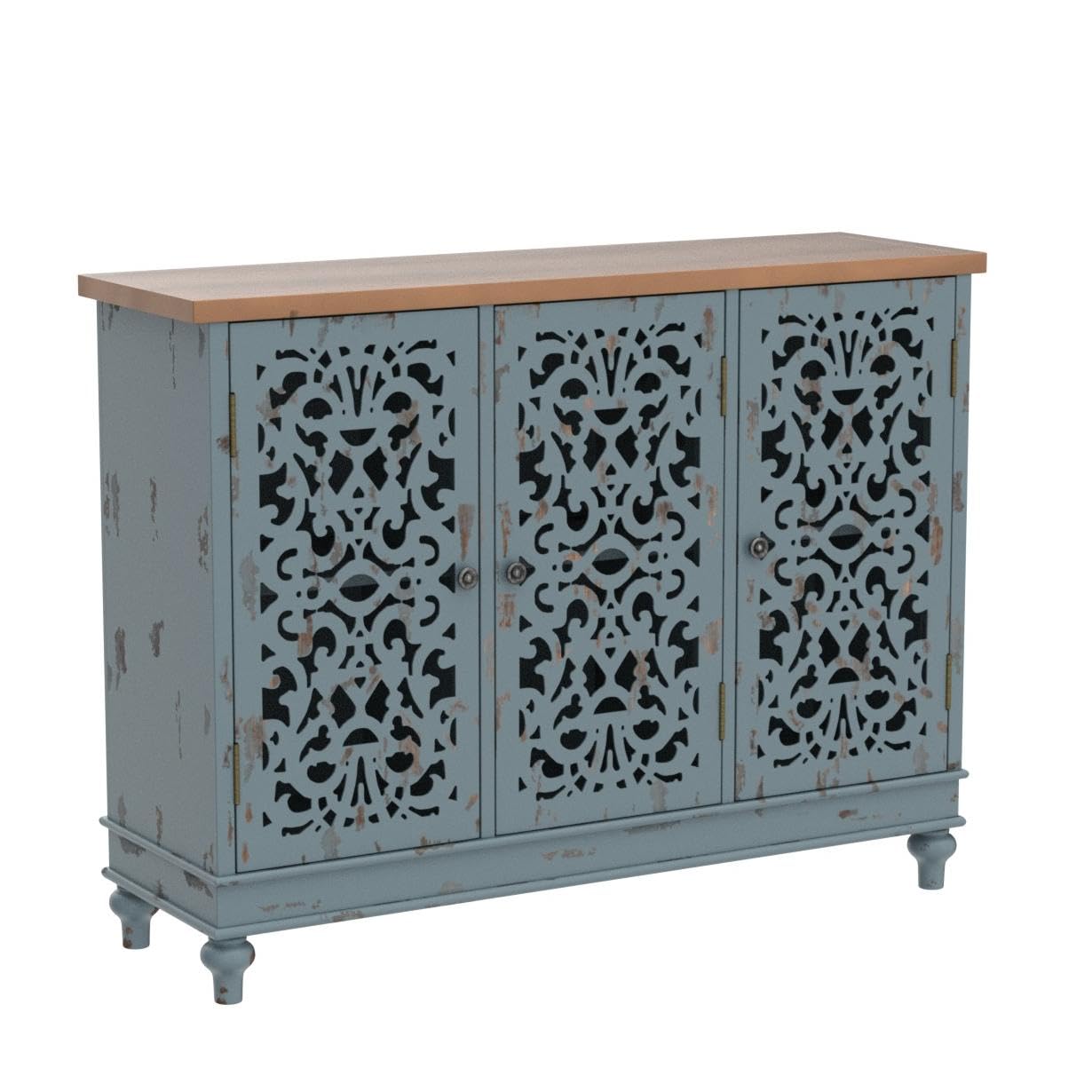 Sophia & William Sideboard Buffet Credenza Cabinet, 3-Door Hollow-Carved Accent Cabinet, Distressed Sideboard Storage Cabinet with Wood Veneer for Kitchen, Living Room, Dining Room, Entryway, Blue