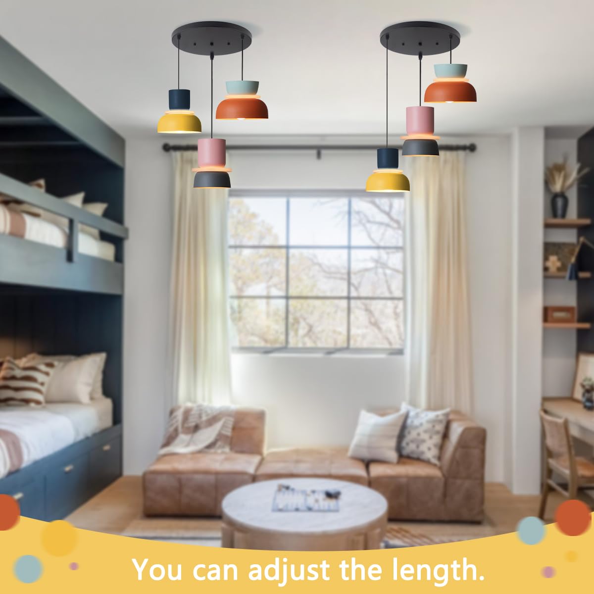 Qufute Nordic Modern Pendant Light Macaron Color Mid Century Hanging Light Fixture with Aluminum Shade Colorful Chandelier Ceiling Pendant Lights for Dining Room Kitchen (3-Light)