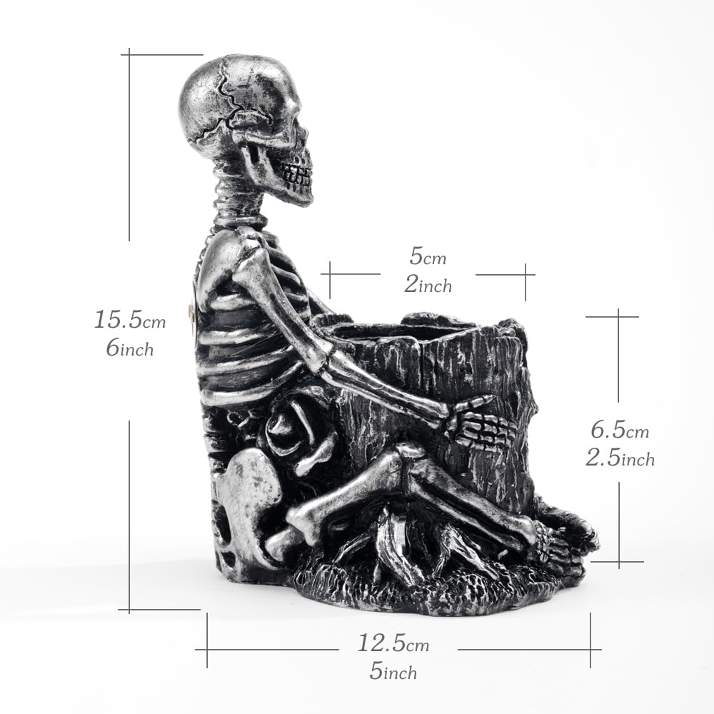 Arola Skull Pen Pencil Holder Skeleton Key Holder Makeup Brush Holder Home Office Desk Supplies Organizer Accessory（Silver-Plated）