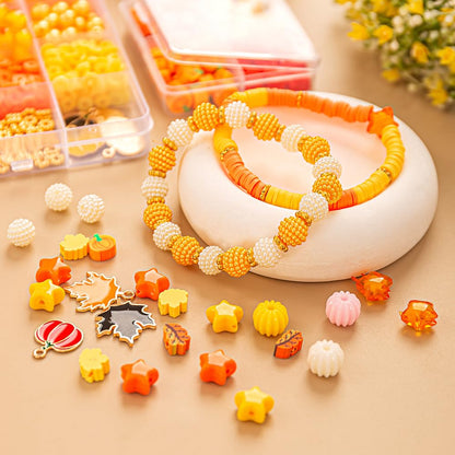 1608Pcs Fall Beads Thanksgiving Jewelry Making Kit - Autumn Polymer Clay & Acrylic Charms for DIY Crafts: Maple Leaf, Pumpkin, Pearl, Star, Round Spacer Bead Mix (Yellow)