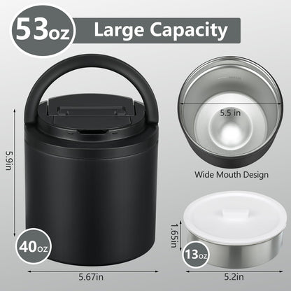 Soup Thermo for Hot Food Adults 40oz Lunch Containers Wide, Thermo Insulated Containers Leak Proof Vacuum Stainless Steel With Carry Handle and Spoon BPA Free (black)
