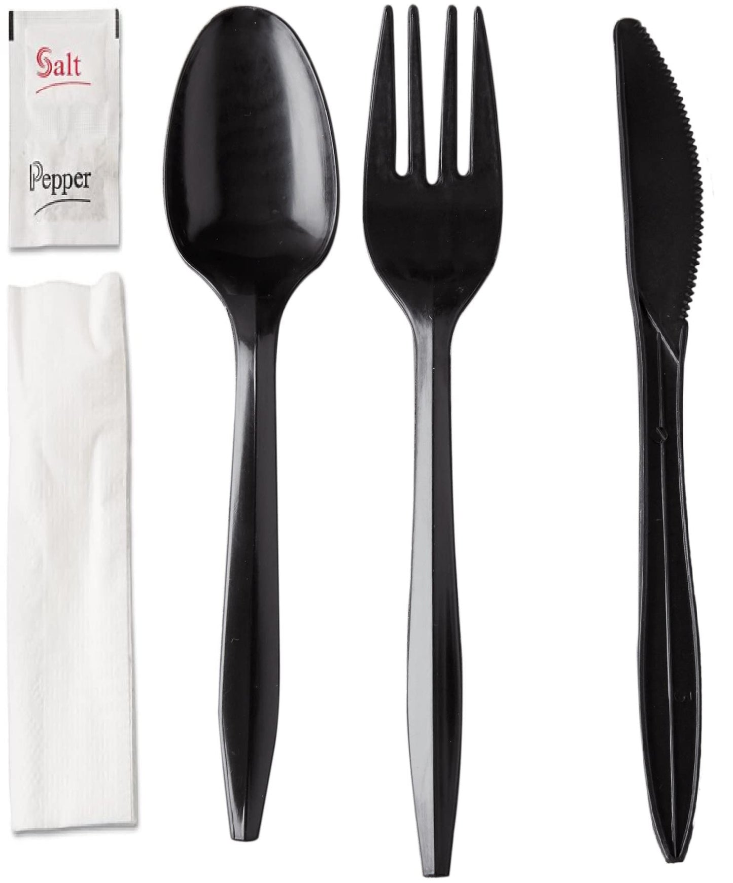 250 Plastic Cutlery Packets - Knife Fork Spoon Napkin Salt Pepper Sets | Black Plastic Silverware Sets Individually Wrapped Cutlery Kits, Bulk Utensil Cutlery Set Disposable To Go Silverware