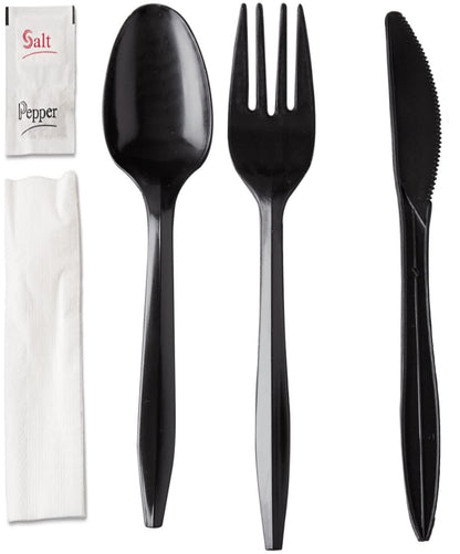 250 Plastic Cutlery Packets - Knife Fork Spoon Napkin Salt Pepper Sets | Black Plastic Silverware Sets Individually Wrapped Cutlery Kits, Bulk Utensil Cutlery Set Disposable To Go Silverware