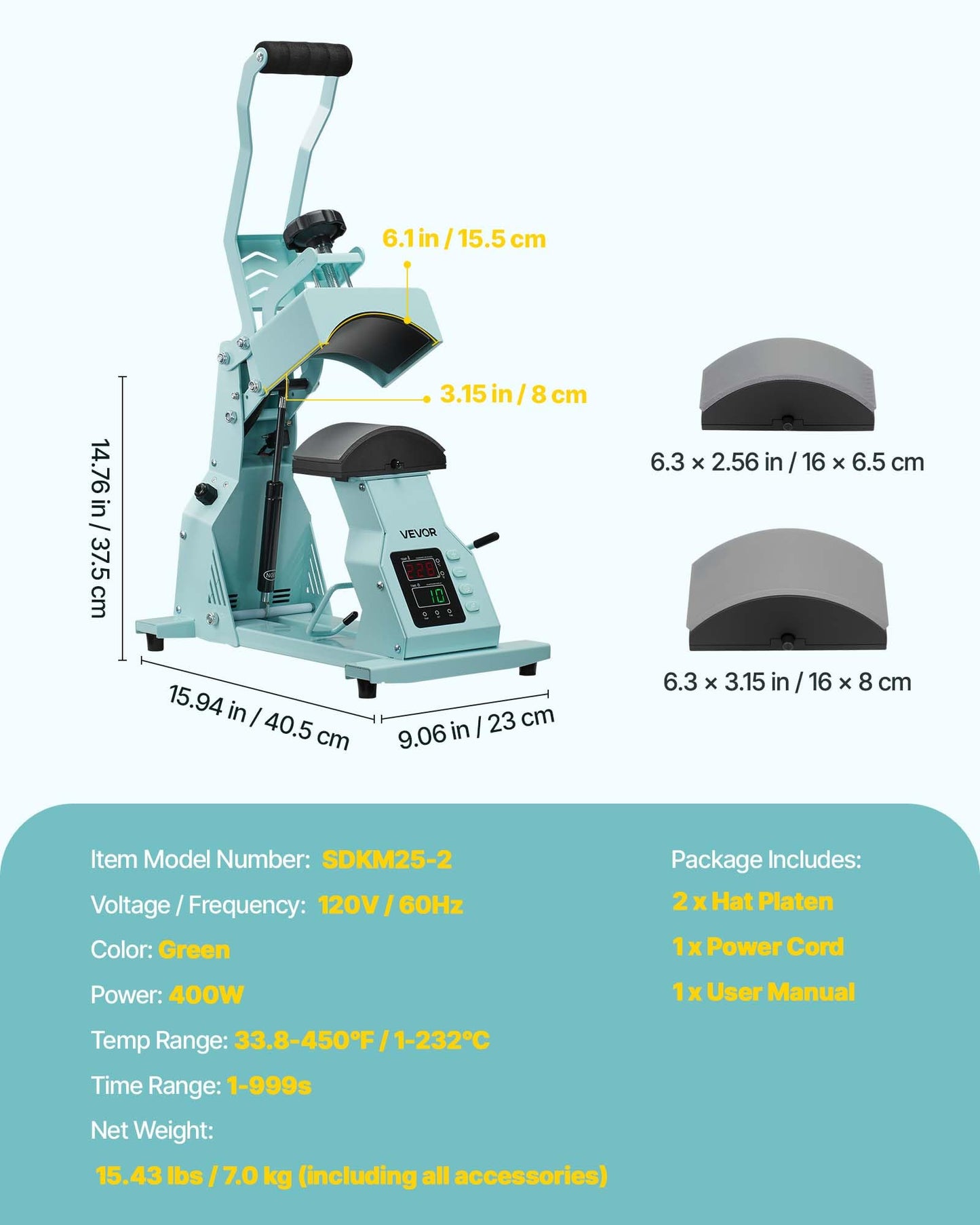 VEVOR Hat Heat Press Machine, with 2pcs Interchangeable Platens, Precise Temperature and Time Control, Hat Press for HTV Iron On and Sublimation Projects, for Caps, Headbands, Cuffs, Face Masks, Green