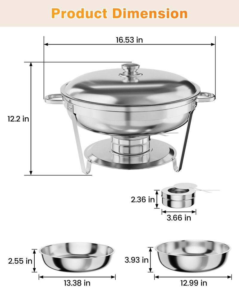 Chafing Dish Buffet Set 2 Pack, 5 QT Round Stainless Steel Chafer and Food Warmers with Food & Water Pan, Lid, Frame, Fuel Holder for Catering, Parties, Events, Wedding, Camping, Dinner