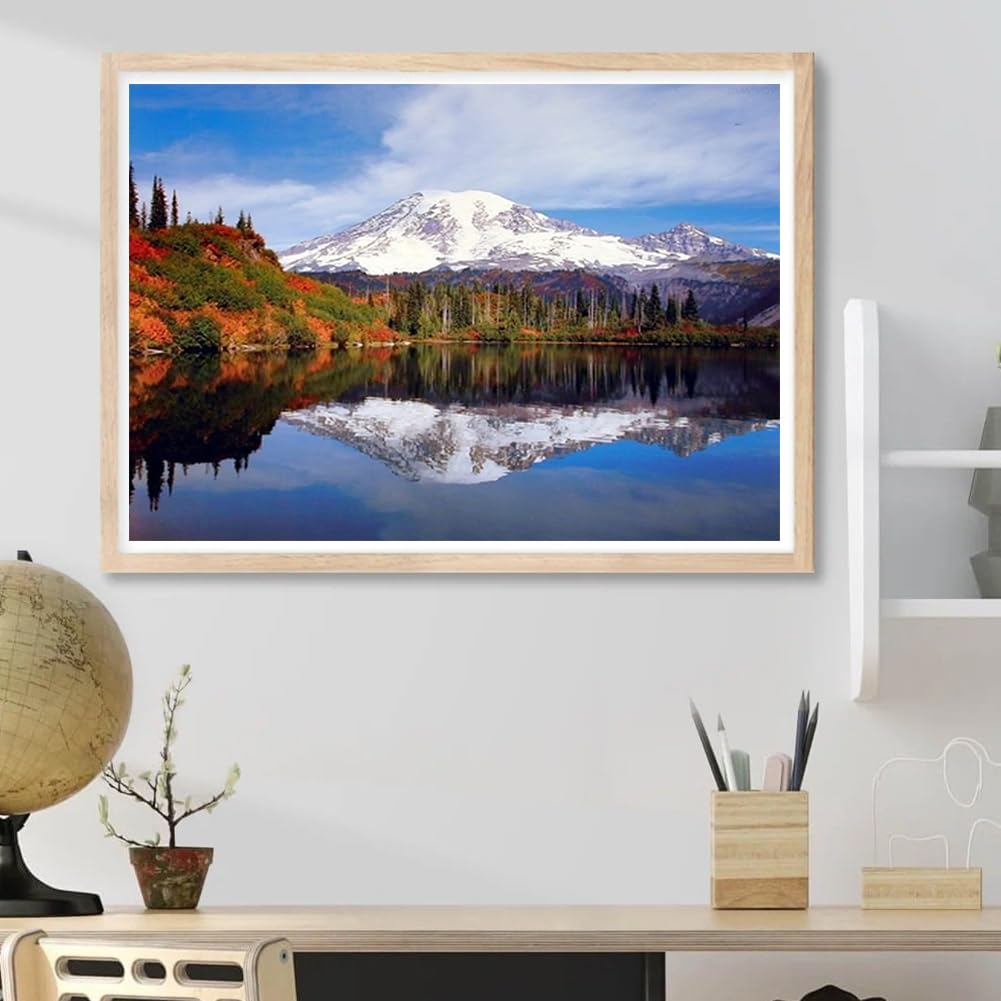 DVWIVGY 5D Diamond Painting Mount Rainier Lake Reflection with Snow Mountain Scenery Landscape Diamond Art Painting by Number Kits Gem Art Wall Home Decor 12 x 16 Inch