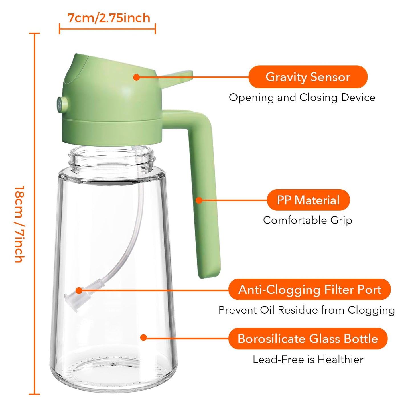 YARRAMATE 16oz/470ml Glass Olive Oil Sprayer for Cooking with Stickers, 2 in 1 Oil Dispenser for Kitchen Gadgets, Food Grade Premium Spray Bottle with Portion Control for Salad, Frying, BBQ (Green)