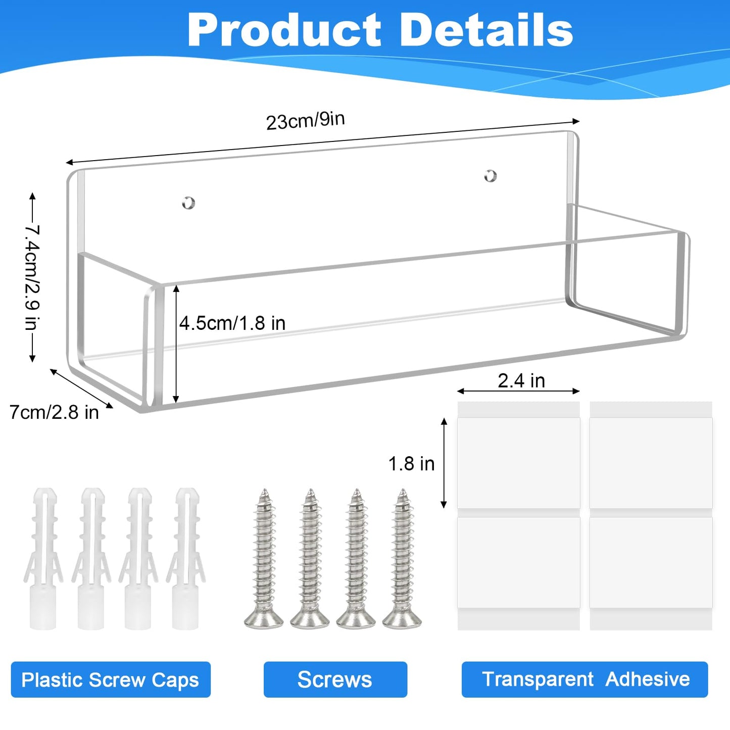 Douildhaiy Acrylic Spice Rack Wall Mount-9 Inch, Clear Spice Shelf Storage Holder, 4 Pack Hanging Seasoning Rack Organizer for Cabinet Door, Cupboard or Wall Kitchen (Adhesive or Screw)