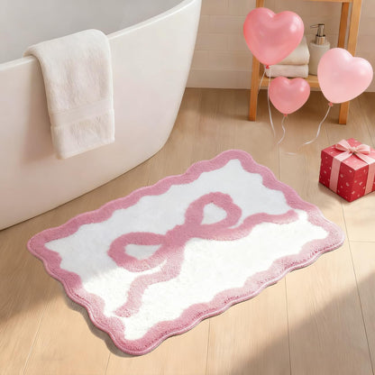 ASTRAG Pink Bow Bath Mat - Scalloped Bow Bathroom Rug Coquette Room Decor Microfiber Bath Mat Water Absorbent Non Slip Shower Carpet Valentines Day Girls Bedroom Aesthetic Preppy Rug (Pink,20" x 32")