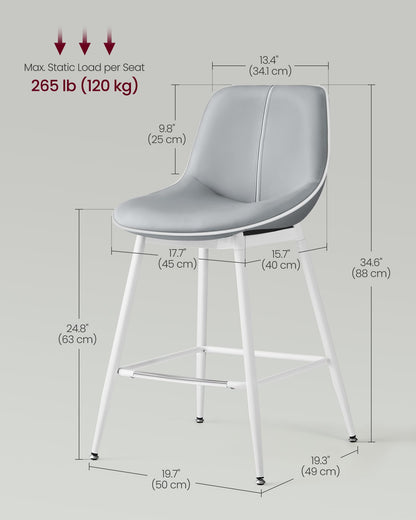 VASAGLE Bar Stools Set of 2, Counter Height Bar Stools with Back, Ergonomic Backrest, Synthetic Leather, Metal Legs, 24.8-Inch Tall Barstools for Kitchen Island Home Bar, Easy Assembly, Dove Gray