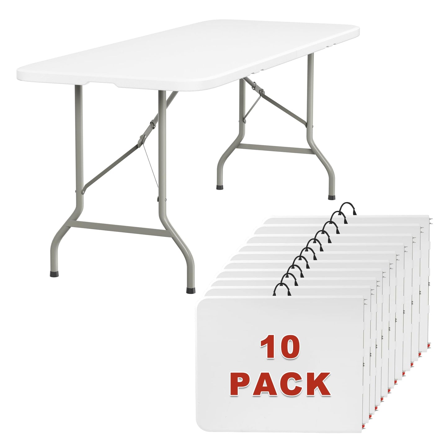 Elevon 6FT Folding Tables – Heavy Duty Portable Foldable Table with Built-in Handle, 300 lb Capacity – Ideal for Events, Parties, Crafts, Camping & Dining (10-Pack)