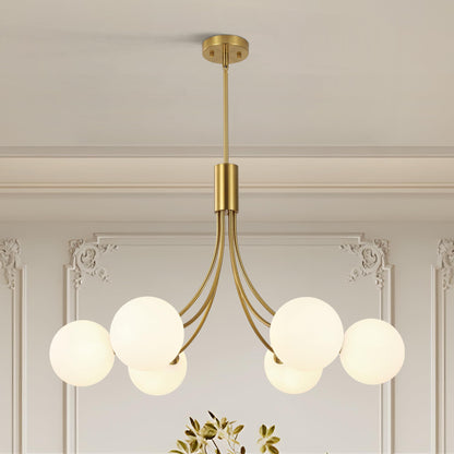 Xeruyiwa 6-Light Modern Gold Sputnik Chandelier Mid Century Brushed Brass Light Fixture with Milk Glass Globes for High Ceiling Dining Room Kitchen Island Living Room
